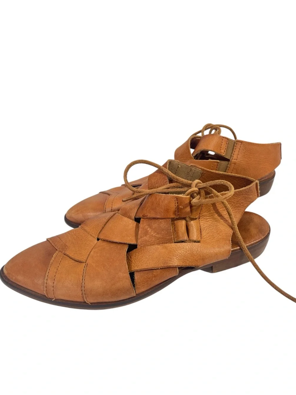 Free People Destino Woven Flat Tan/Brown Leather Size 38 Fits 7.5-8
